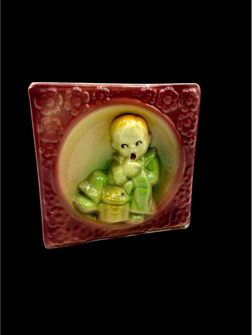 Vintage 1940s Ceramic Wall Pocket: Baby with Cookie Jar, USA Decor